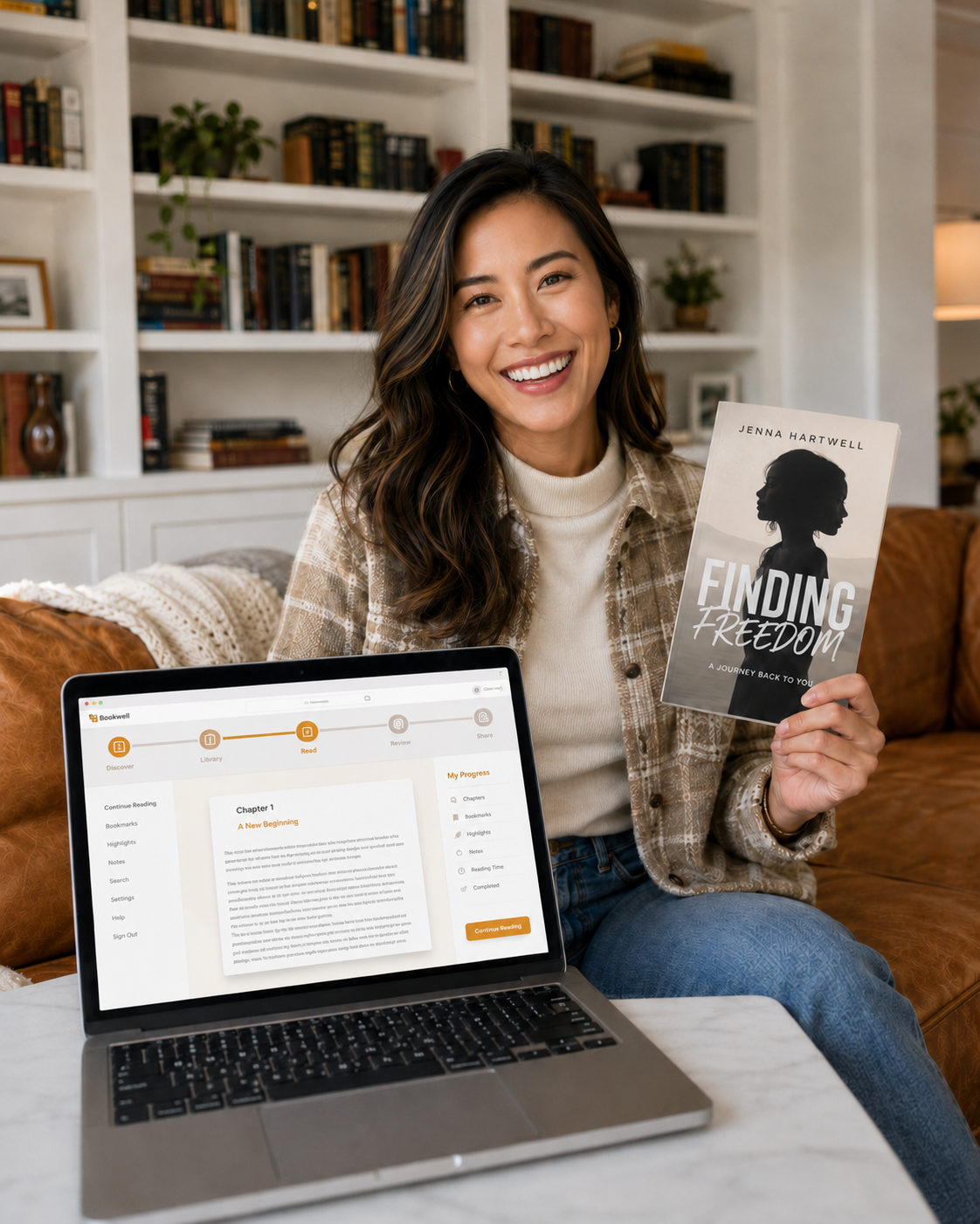 An author holding her finished book beside a laptop showing the publishing dashboard